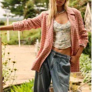 Free People Pink Gingham Plaid Blazer NWT Medium